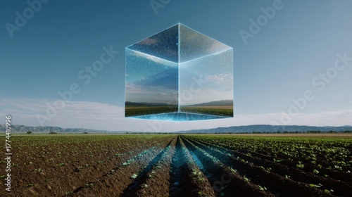 A surreal landscape featuring a reflective cube floating above a cultivated field, merging nature with abstract art.