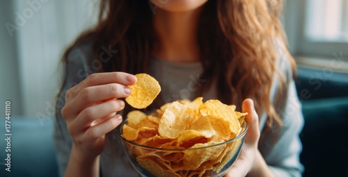 Binge eating mindless munching unhealthy snacks Close up of a woman snacking on chips