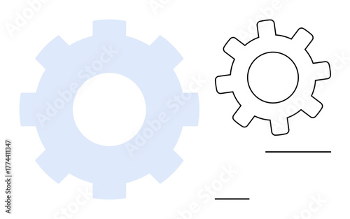 Large light blue gear and smaller black outlined gear with abstract horizontal lines. Ideal for ideas, teamwork, technology, business, innovation, connection, workflow. Simple flat metaphor