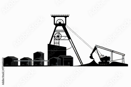 Monochrome Illustration of a Coal Mine with Headframe Buildings and Excavator conveying Industrial Heritage and Environmental Impact
