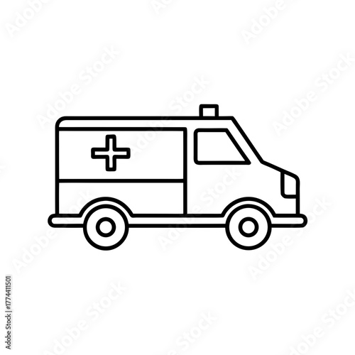 Outlined ambulance with cross on the side paneling on transparent background