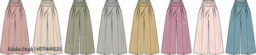 A collection of women's stylish wide-leg palazzo pants with a high smocked waist, available in a variety of modern colors. Concept of versatile and comfortable everyday fashion