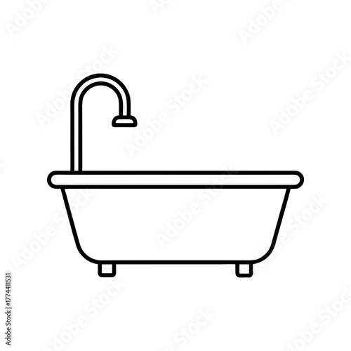 Outline drawing of a bathtub with a faucet above on transparent background