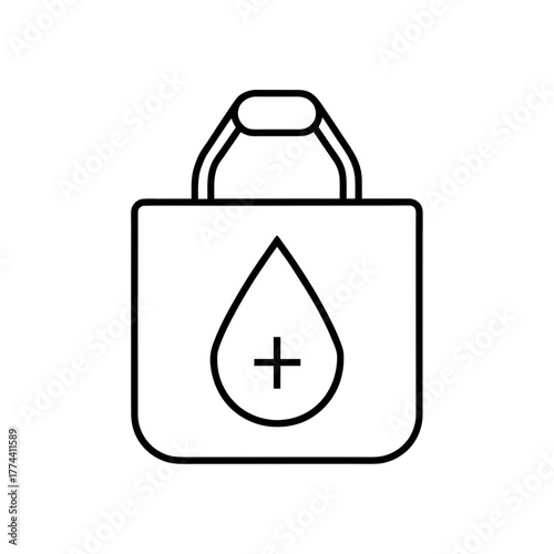 Outline of a bag with a blood drop and plus sign on transparent background