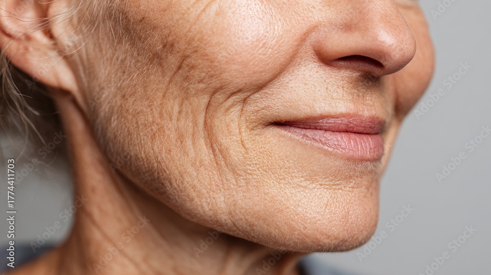 Obraz premium Close up of an elderly woman s cheek and jaw showing fine lines and sagging skin Suitable for skincare or dermatology content