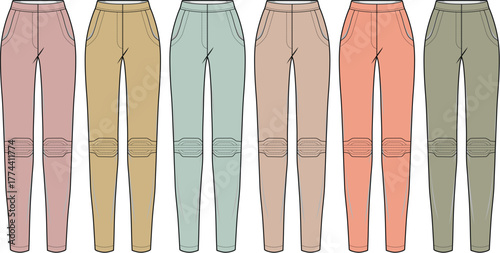 Set of women's casual skinny pants with knee panel detail shown in multiple colorways. Technical fashion illustration vector template