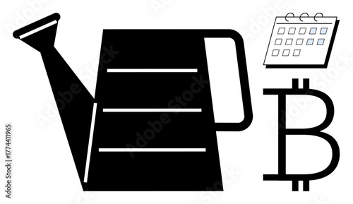 Watering can pouring into the Bitcoin symbol beside a calendar suggesting financial growth, planning, and investment management. Ideal for investment, savings, cryptocurrency, growth, goals