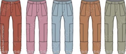Flat fashion technical sketches of modern men's cargo jogger pants in various colors. Vector illustrations for apparel design, product development, and clothing manufacturing