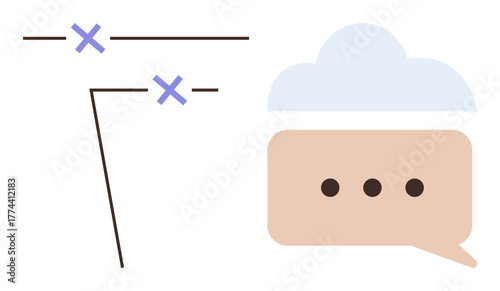Minimalist design with a cloud, chat bubble, dots, and coordinate lines with X marks. Ideal for messaging, brainstorming, navigation, collaboration, strategy planning and modern communication