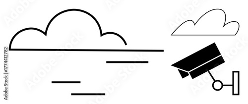 Cloud outline with horizontal lines and security camera suggest surveillance, data storage, monitoring, and technology. Ideal for privacy, cybersecurity, cloud computing, security solutions, internet
