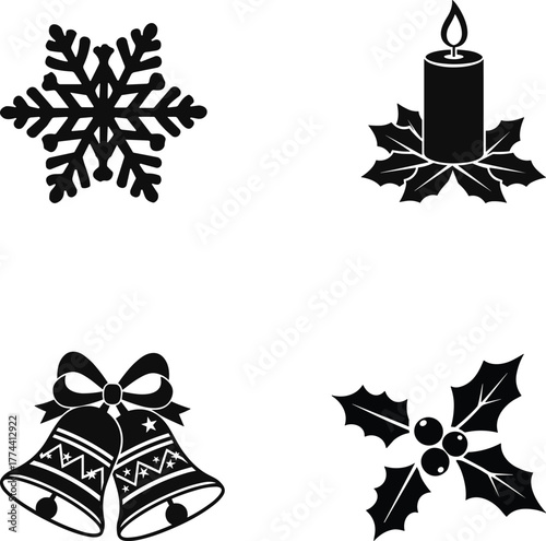 Classic christmas icons set festive snowflakes candle holly bells holiday celebration elements
