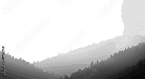 Misty mountain landscape with coniferous trees grayscale nature scene atmospheric background