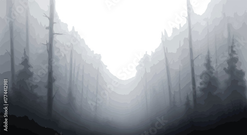 Misty forest landscape digital painting of a foggy woodland scene atmospheric background