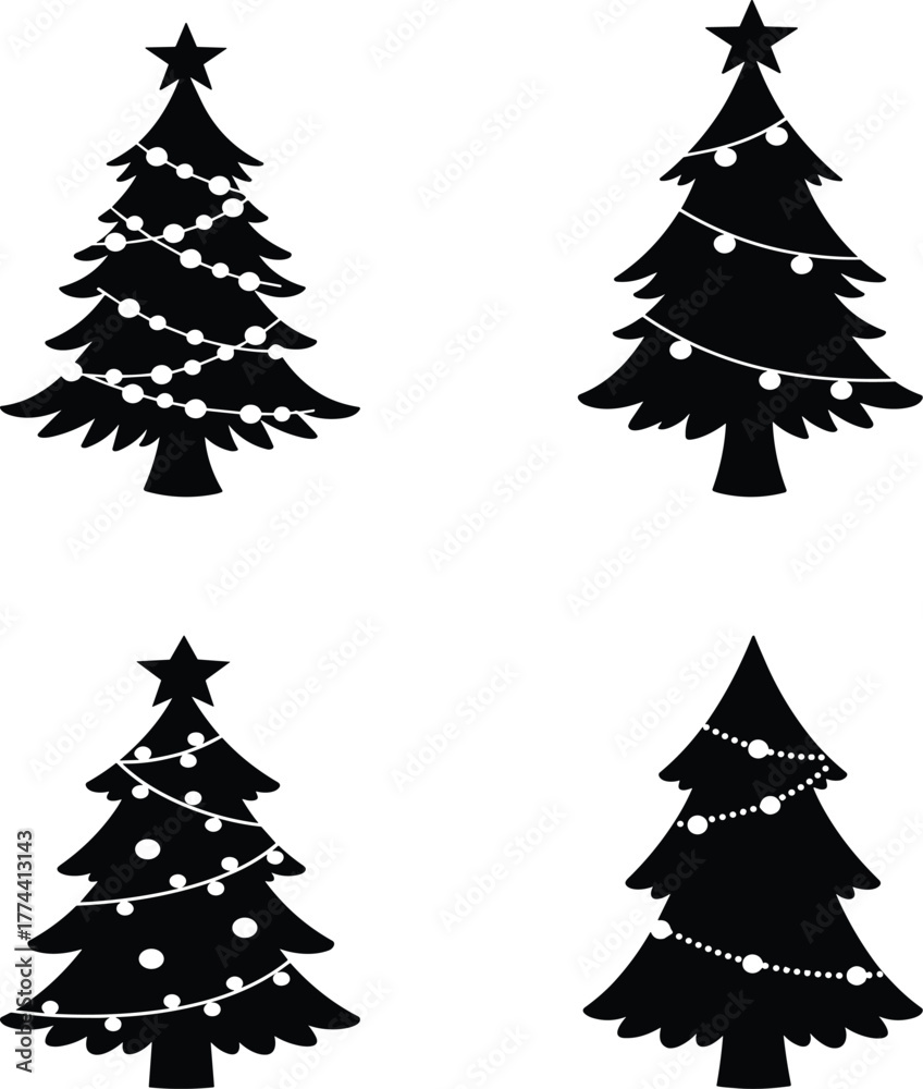 Obraz premium Set of four festive christmas trees with string lights and star toppers ideal for holiday design