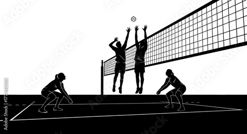 Silhouette of volleyball players in action, spiking and receiving the ball.