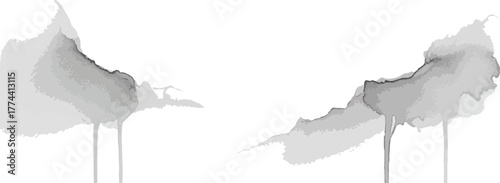 Abstract watercolor cloudscape gray scale painting with drips isolated on white background