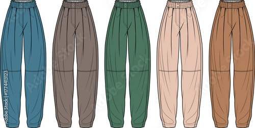 Flat technical sketch illustration of comfortable casual jogger pants in a variety of earth tone colors, perfect for modern apparel design concepts and fashion lookbooks