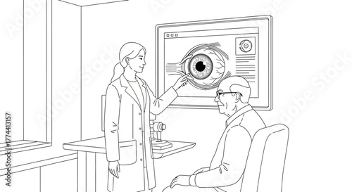 A doctor explains an eye diagram to an elderly patient in an examination room.