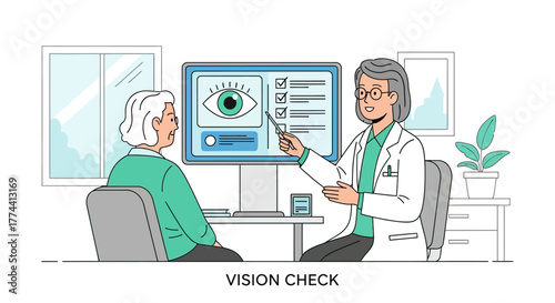 A doctor is showing an eye chart on a computer screen to an elderly patient during a vision check.