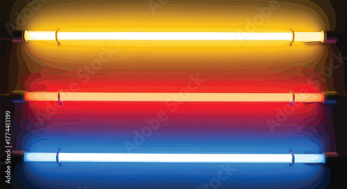 Set of illuminated neon tubes vibrant colorful light bars for modern interior design isolated on dar