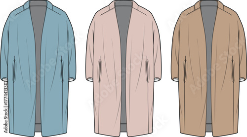 Three women's open front long coats as detailed fashion flat vector illustrations, presented in pastel blue, pink, and beige, suitable for apparel design and technical drawing projects