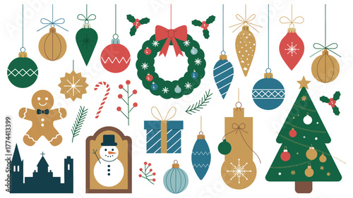 Christmas Holiday Decorations and Ornaments Collection Vector Art