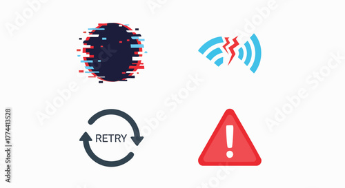 Digital error connection network retry warning icon set glitch signal problem alert vector illustration flat design