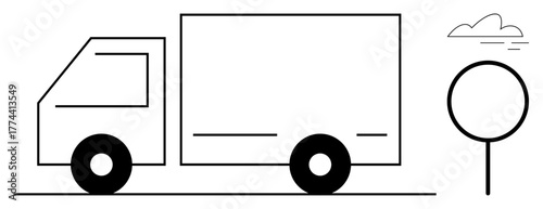 Minimalistic truck driving near a leafless tree and simple cloud. Ideal for logistics, transportation, delivery, eco-freight, shipping, movement, sustainability messaging in a simple flat metaphor