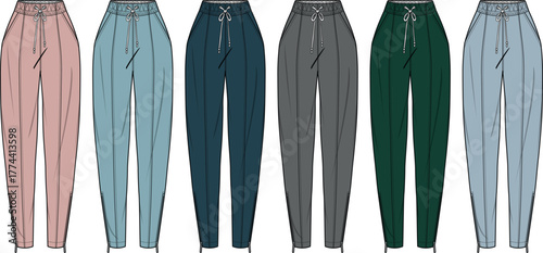 Fashion illustration of high-waisted pants with drawstring and elastic waistband, displayed in a row