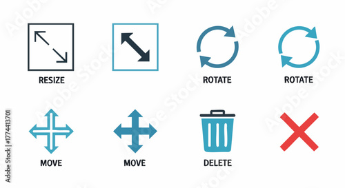 Minimalist flat design vector UI UX web icons collection resize rotate move delete close graphic symbol illustration editable scalable