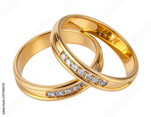 Overlapping Diamond Gold Rings, Top-Down Flat Lay, Isolated PNG