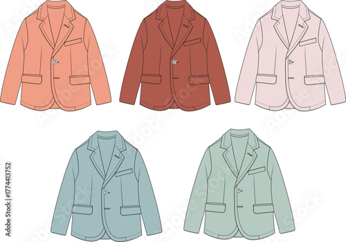 A versatile collection of illustrated blazers in various fashionable colors, suitable for modern professional and casual wardrobe designs, offering diverse style options for apparel concepts