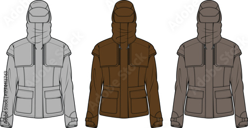 Fashionable Winter Jackets for Men and Women with Hoods and Pockets - Vector Illustration