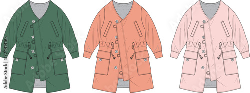 Illustration of three stylish, loose-fitting hooded parkas in green, coral, and pale pink, showcasing modern outerwear design