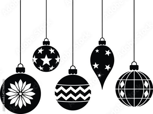 Classic christmas ornaments hanging silhouette set festive holiday decoration icons for festive celebrations