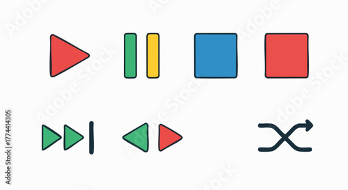 Colorful media player control buttons set modern flat design vector illustration ui ux interface icon play pause stop shuffle