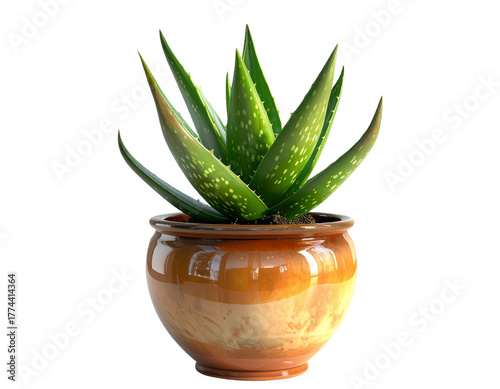 Aloe Vera Potted Plant with Long Curved Leaves, Angled Side View, Isolated on Transparent Background