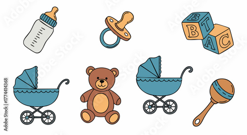 Cute baby items collection nursery infant essentials flat design vector illustration newborn toddler kid childhood accessories