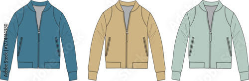 A collection of stylish bomber jackets in a contemporary flat illustration, showcasing versatile outerwear designs for modern fashion concepts and apparel lines