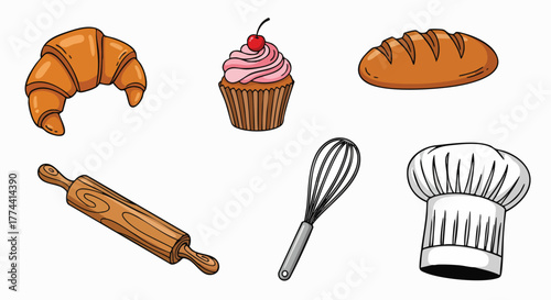 Bakery items and tools illustration fresh bread pastry chef equipment cooking baking sweet dessert kitchen vector flat design set food doodle