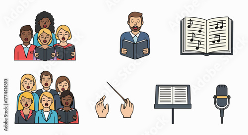 People singing in choir conductor music notes icons vector illustration flat design sing voice melody artistic concert