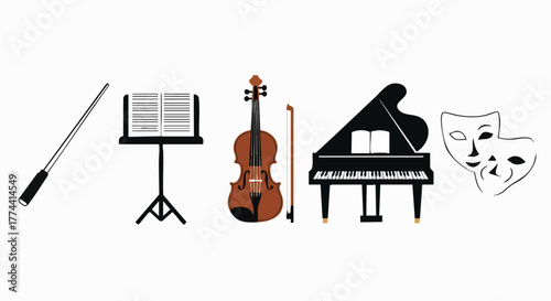 Collection of classic musical instruments and theater masks vector illustration flat design graphic art performance theatrical symphony opera