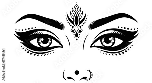 Intricate black and white illustration of stylized eyes with decorative elements.