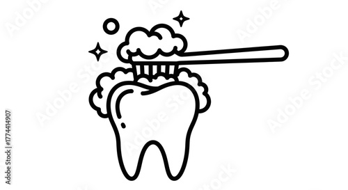 Line art illustration of a tooth being brushed with a toothbrush and foamy toothpaste.