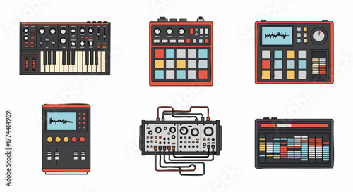 Electronic music production equipment studio devices flat design audio sound instrument technology vector illustration modern equipment digital synth sampler mixer