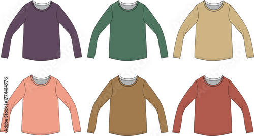 Six Different Colored Long Sleeve T-Shirts Arranged in Two Rows on a White Background