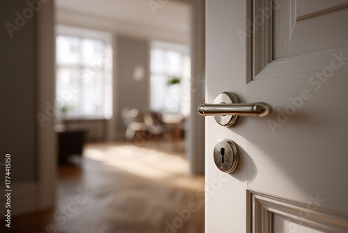 A partially open door reveals a warm, sunlit interior, evoking a welcoming and tranquil home atmosphere.