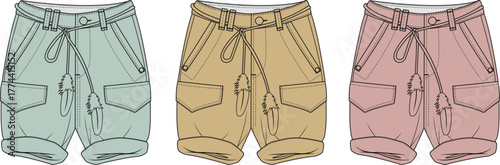 Vector fashion flats three casual drawstring shorts. Comfortable apparel designs in soft pastel colors with rolled cuffs and pockets, ideal for clothing conceptualization