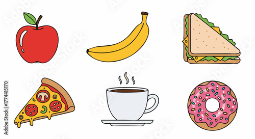 Bright flat design collection of delicious food and drink items vector illustration icon set cartoon graphic simple outline isolated