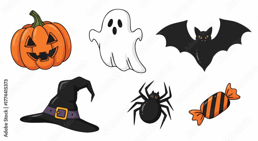 Fototapeta premium Cute Halloween cartoon elements spooky collection vector illustration flat design pumpkin ghost bat witch spider candy graphic isolated clip art